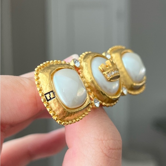 Vintage Fendi Crown Logo Faux Pearl Rhinestone Gold Bar Brooch Collectible